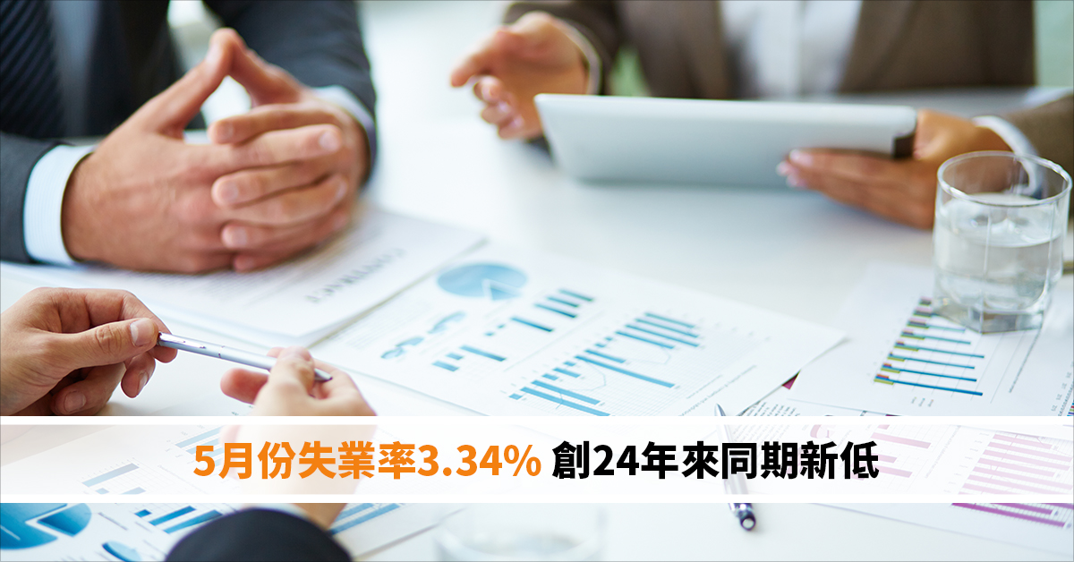 5月份失業率3.34% 創24年來同期新低